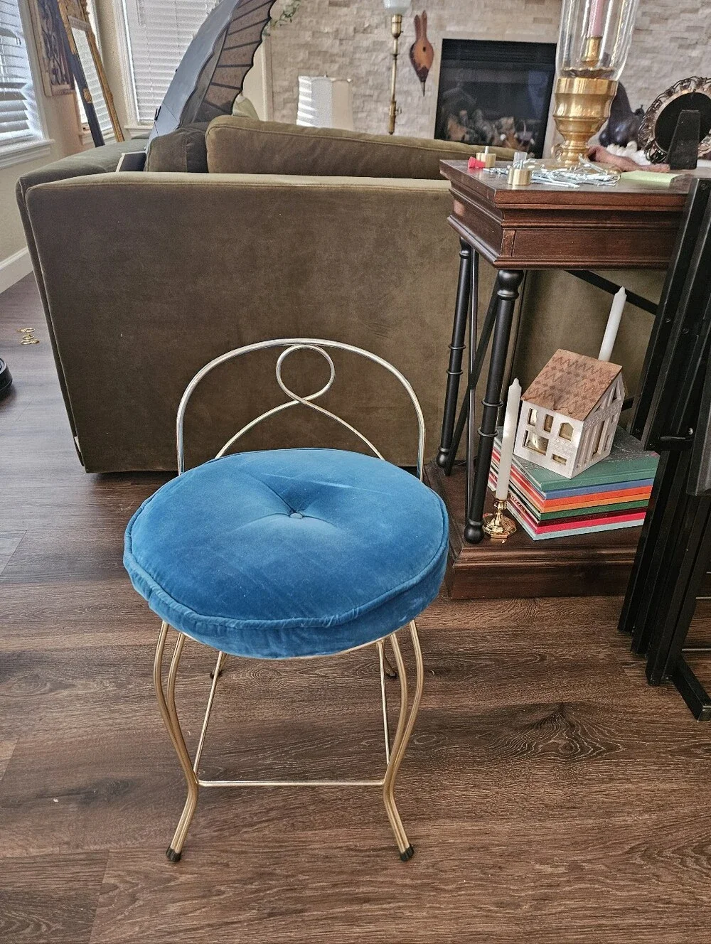Vintage Brass Tufted Blue Velvet Accent Stool Hollywood Regency